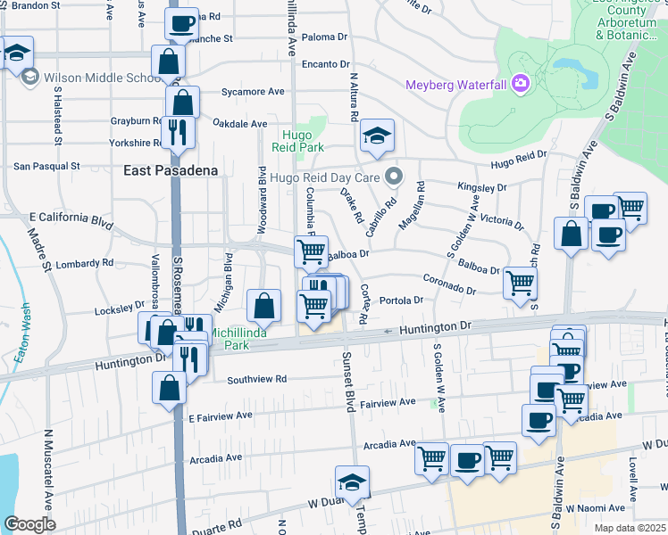 map of restaurants, bars, coffee shops, grocery stores, and more near 607 Cortez Road in Arcadia
