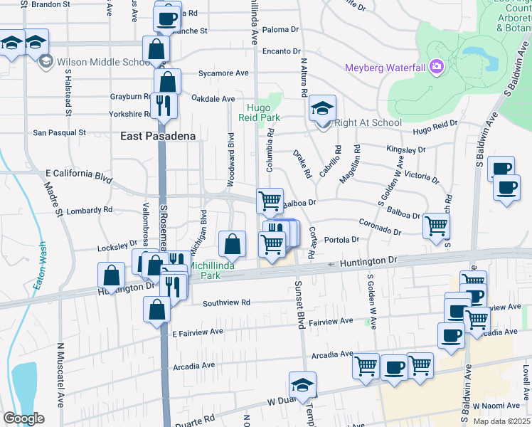 map of restaurants, bars, coffee shops, grocery stores, and more near 521 Columbia Road in Arcadia