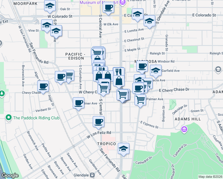 map of restaurants, bars, coffee shops, grocery stores, and more near 218 West Acacia Avenue in Glendale