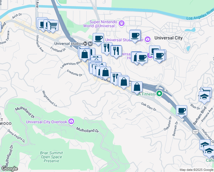 map of restaurants, bars, coffee shops, grocery stores, and more near 3642 Fredonia Drive in Los Angeles