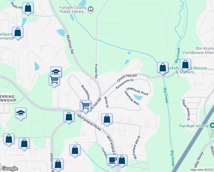 map of restaurants, bars, coffee shops, grocery stores, and more near 550 Union Hill Road in Alpharetta