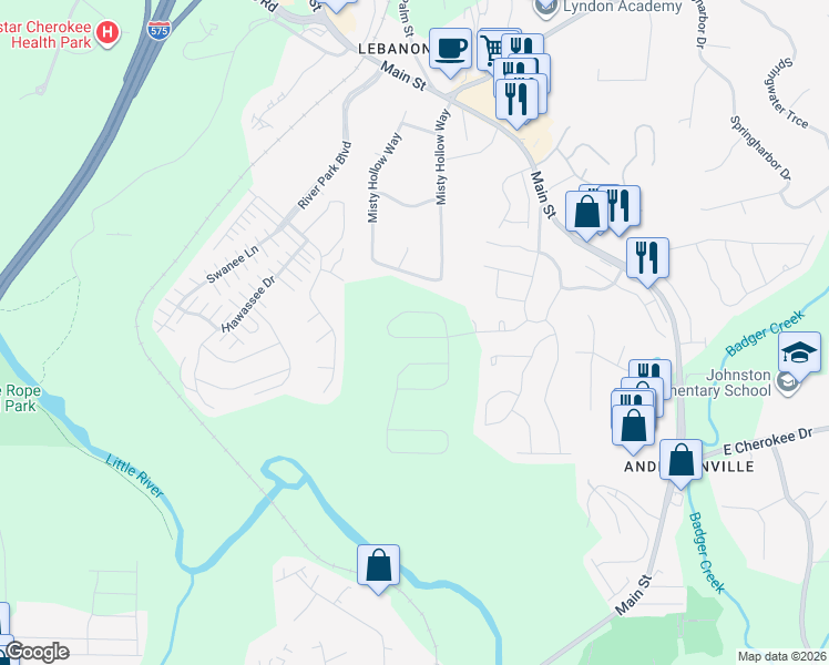 map of restaurants, bars, coffee shops, grocery stores, and more near 147 Misty Hollow Way in Woodstock