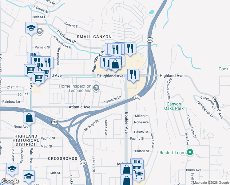 map of restaurants, bars, coffee shops, grocery stores, and more near 6617 Rainbow Place in Highland