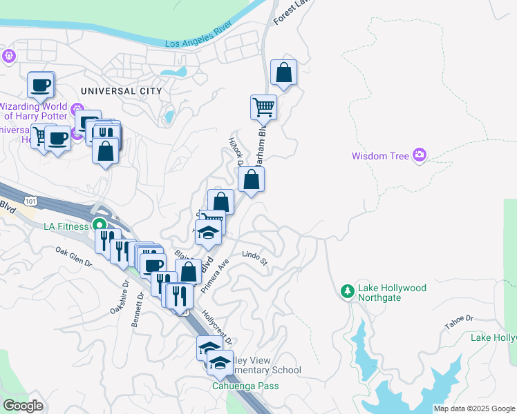 map of restaurants, bars, coffee shops, grocery stores, and more near 3464 Primera Avenue in Los Angeles