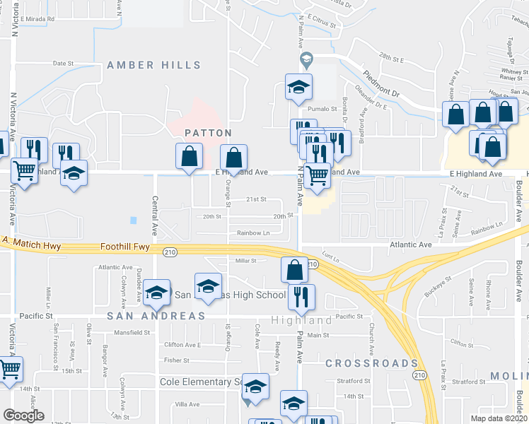 map of restaurants, bars, coffee shops, grocery stores, and more near 3496 20th Street in Highland