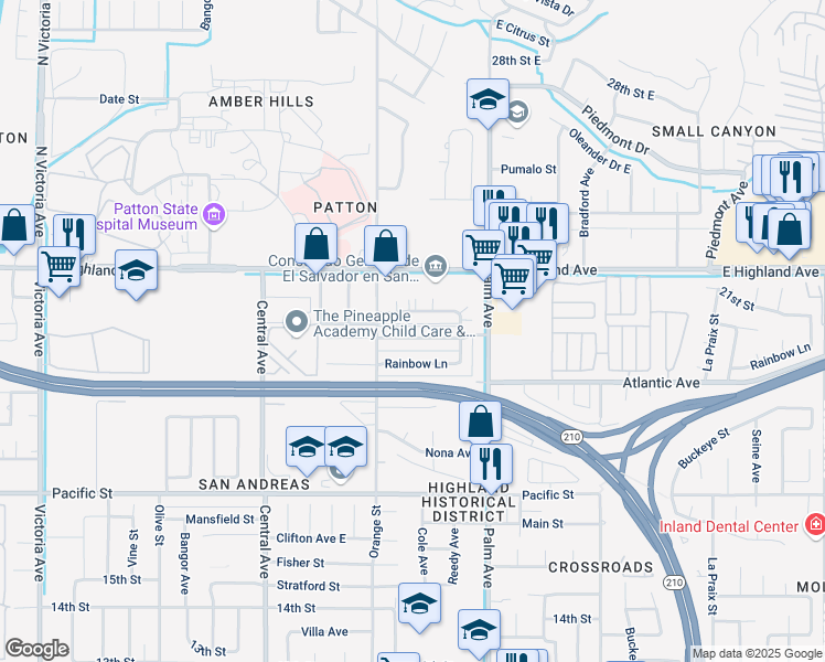 map of restaurants, bars, coffee shops, grocery stores, and more near 3475 21st Street in Highland