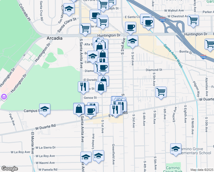 map of restaurants, bars, coffee shops, grocery stores, and more near 115 Fano Street in Arcadia