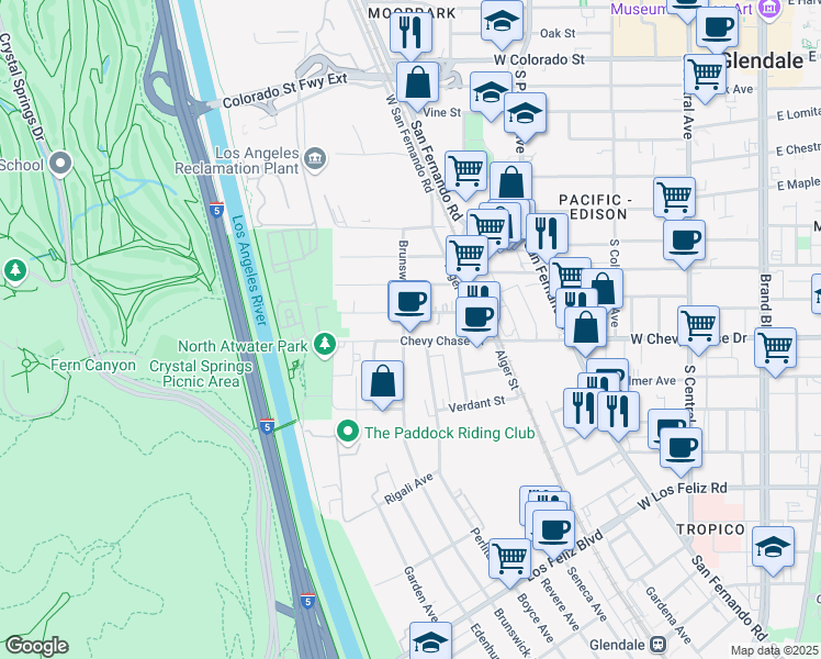 map of restaurants, bars, coffee shops, grocery stores, and more near 4511 Brunswick Avenue in Los Angeles