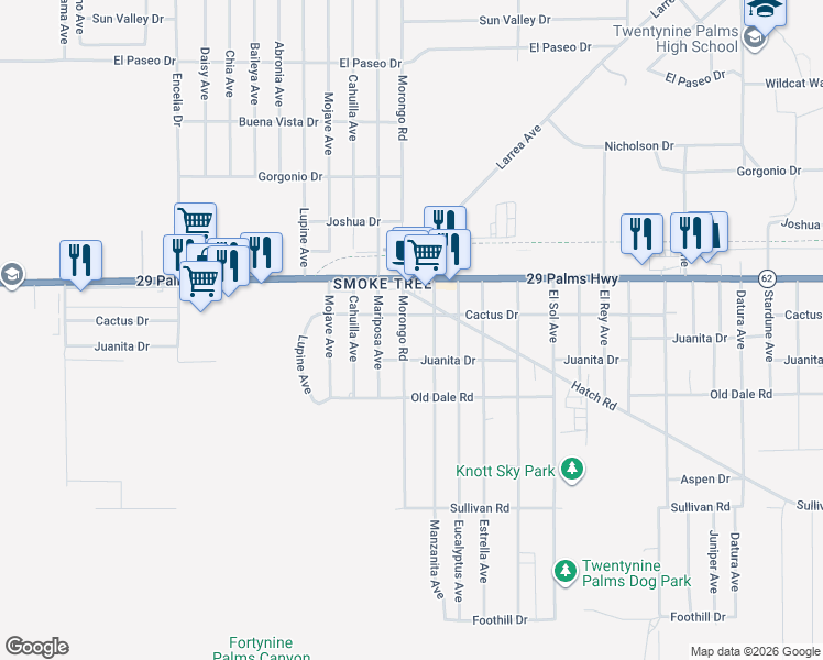 map of restaurants, bars, coffee shops, grocery stores, and more near 6577 Morongo Road in Twentynine Palms