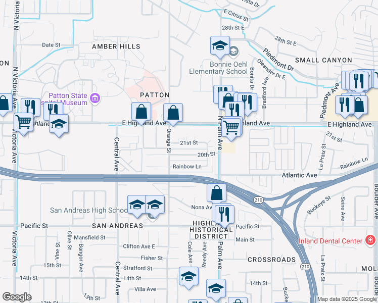 map of restaurants, bars, coffee shops, grocery stores, and more near 3470 20th Street in Highland