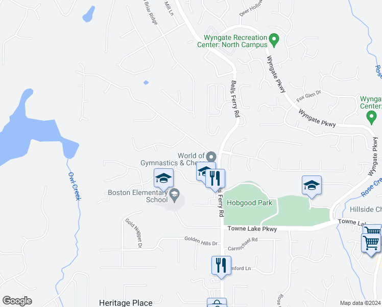 map of restaurants, bars, coffee shops, grocery stores, and more near 213 Powers Court in Woodstock