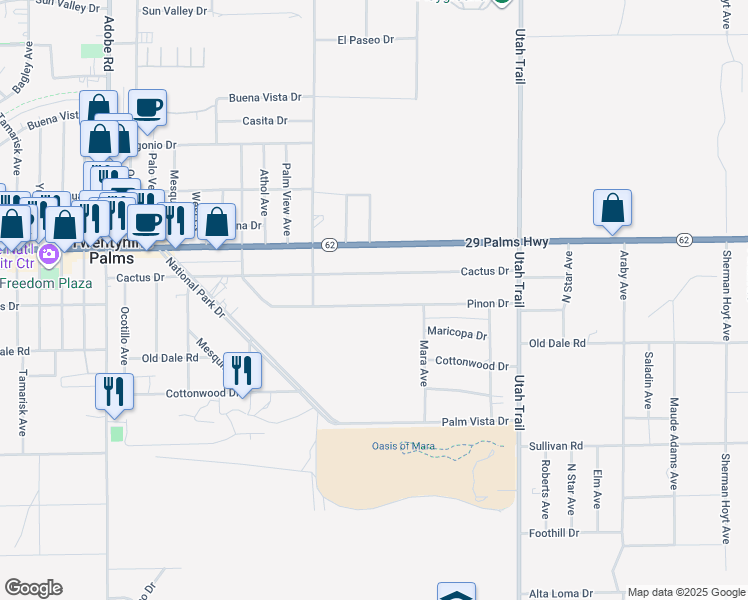 map of restaurants, bars, coffee shops, grocery stores, and more near 74220 Pinon Drive in Twentynine Palms