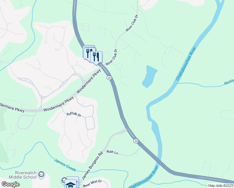 map of restaurants, bars, coffee shops, grocery stores, and more near 3137 Buford Highway in Cumming