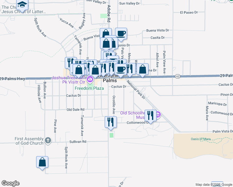 map of restaurants, bars, coffee shops, grocery stores, and more near 6587 Ocotillo Avenue in Twentynine Palms