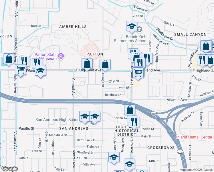 map of restaurants, bars, coffee shops, grocery stores, and more near 3424 20th Street in Highland