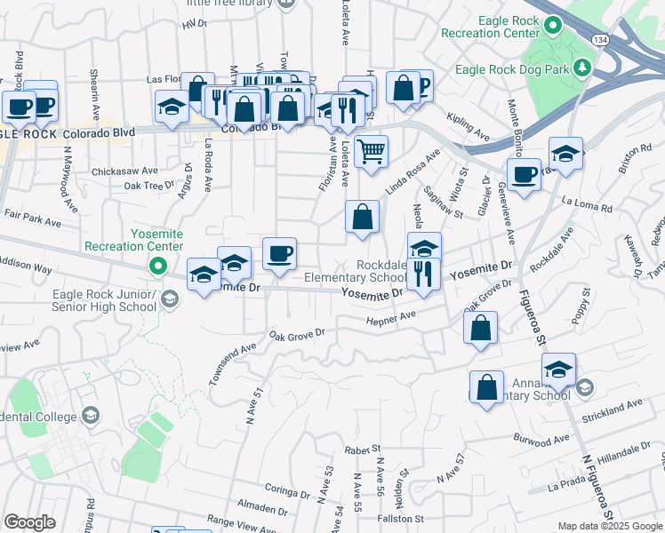 map of restaurants, bars, coffee shops, grocery stores, and more near 1517 Fair Park Avenue in Los Angeles