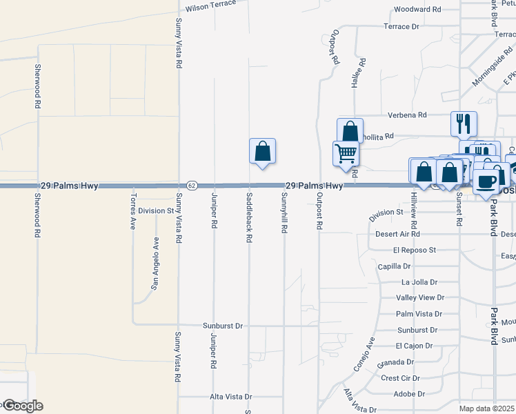 map of restaurants, bars, coffee shops, grocery stores, and more near 6563 Saddleback Road in Joshua Tree