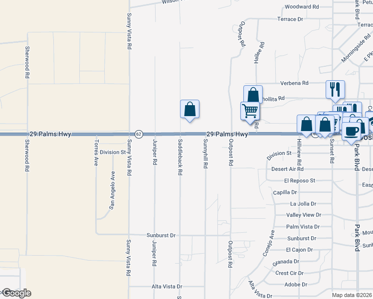 map of restaurants, bars, coffee shops, grocery stores, and more near 20 Twentynine Palms Highway in Joshua Tree