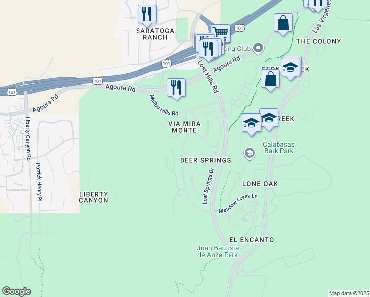 map of restaurants, bars, coffee shops, grocery stores, and more near 26933 Lost Oak Court in Agoura Hills