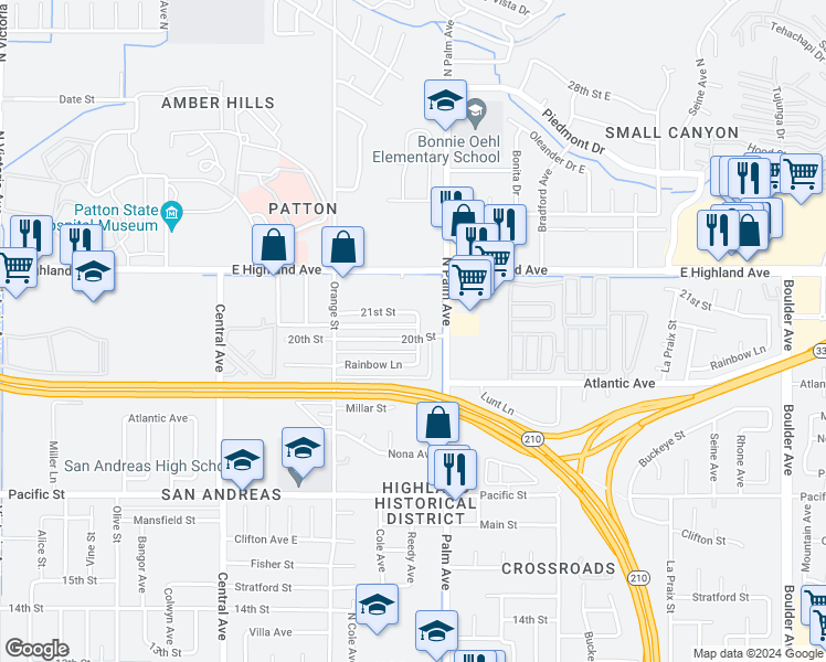 map of restaurants, bars, coffee shops, grocery stores, and more near 3546 20th Street in Highland