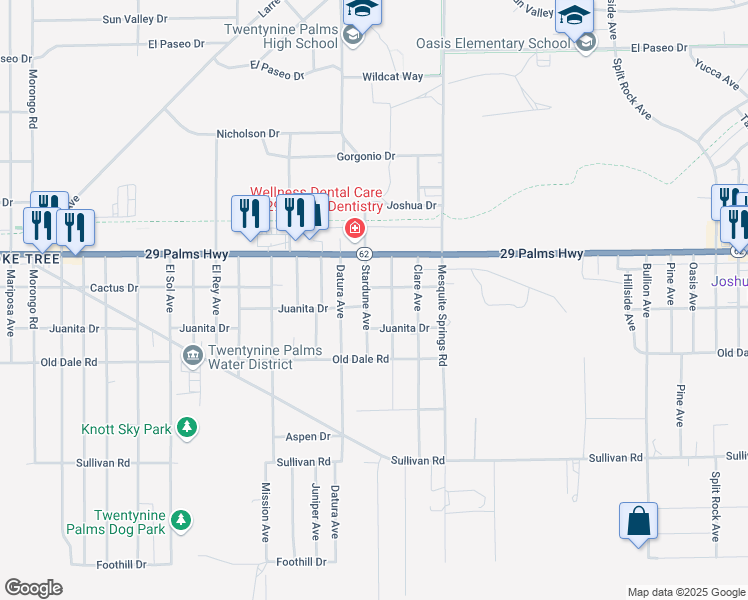 map of restaurants, bars, coffee shops, grocery stores, and more near 6601 Star Dune Avenue in Twentynine Palms