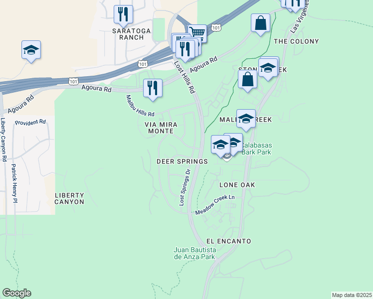 map of restaurants, bars, coffee shops, grocery stores, and more near 26814 Cold Springs Street in Agoura Hills