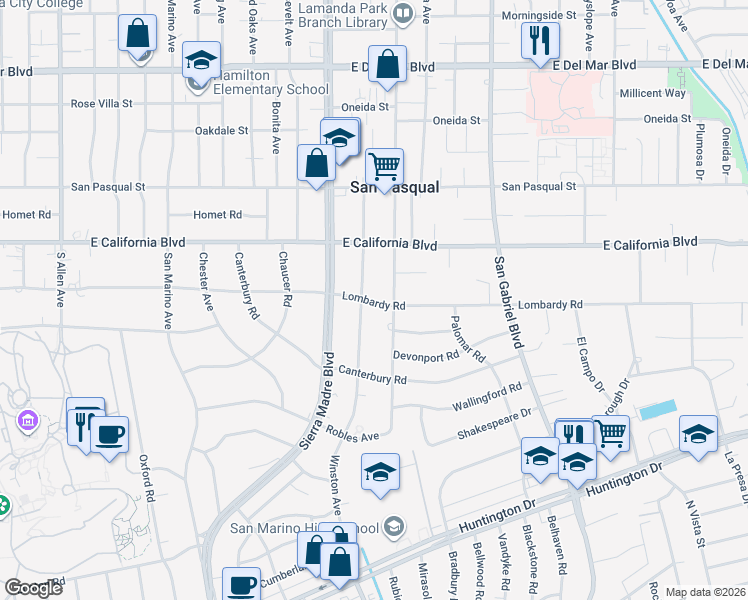map of restaurants, bars, coffee shops, grocery stores, and more near 2545 Lombardy Road in San Marino