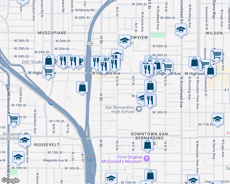 map of restaurants, bars, coffee shops, grocery stores, and more near 1982 North G Street in San Bernardino