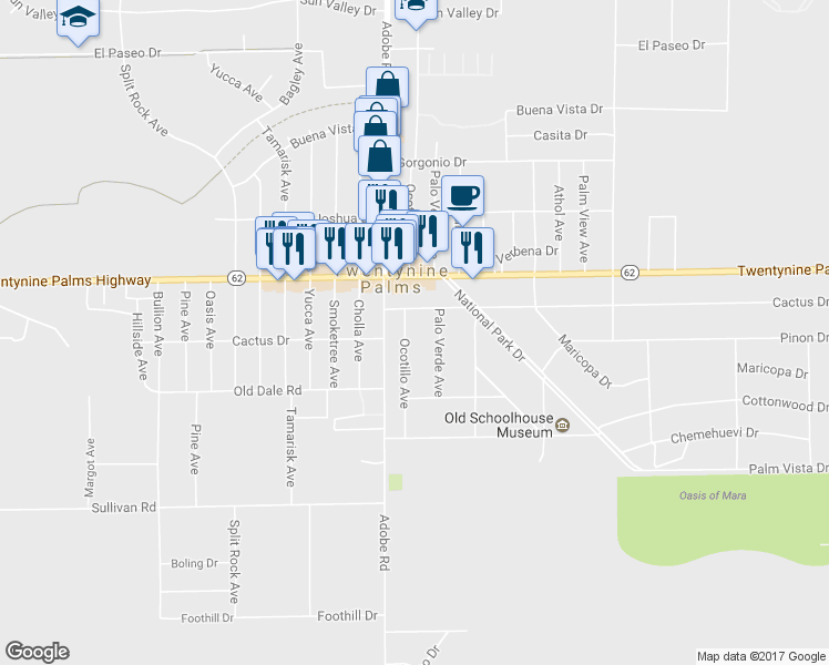 map of restaurants, bars, coffee shops, grocery stores, and more near 6587 Ocotillo Avenue in Twentynine Palms