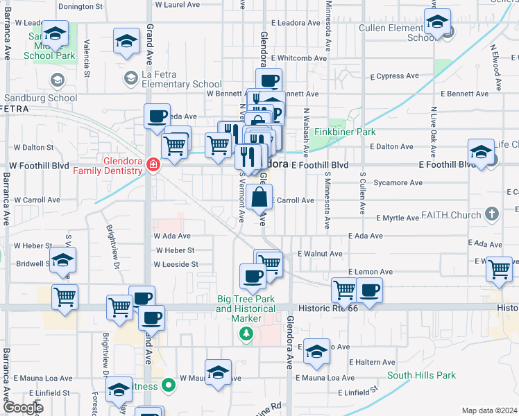 map of restaurants, bars, coffee shops, grocery stores, and more near 211 South Glendora Avenue in Glendora