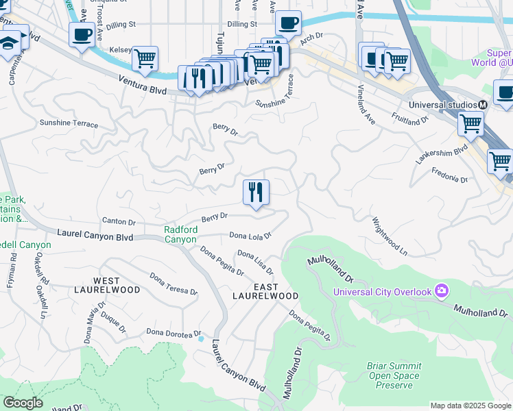 map of restaurants, bars, coffee shops, grocery stores, and more near 3421 Berry Drive in Los Angeles