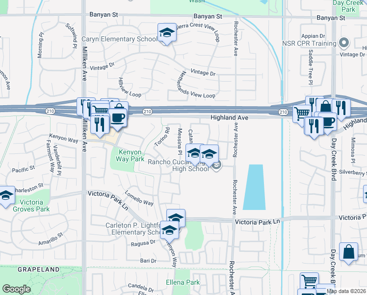 map of restaurants, bars, coffee shops, grocery stores, and more near 6601 Messina Place in Rancho Cucamonga