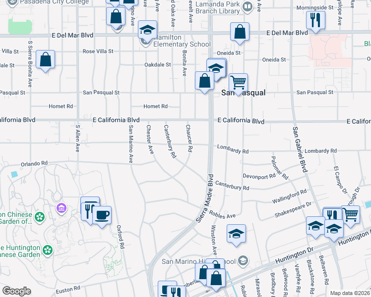 map of restaurants, bars, coffee shops, grocery stores, and more near 705 Chaucer Road in San Marino