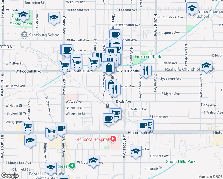 map of restaurants, bars, coffee shops, grocery stores, and more near 211 South Glendora Avenue in Glendora