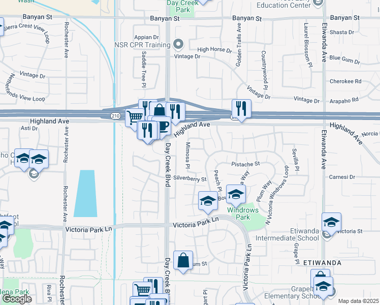 map of restaurants, bars, coffee shops, grocery stores, and more near 12331 Dove Tree Drive in Rancho Cucamonga