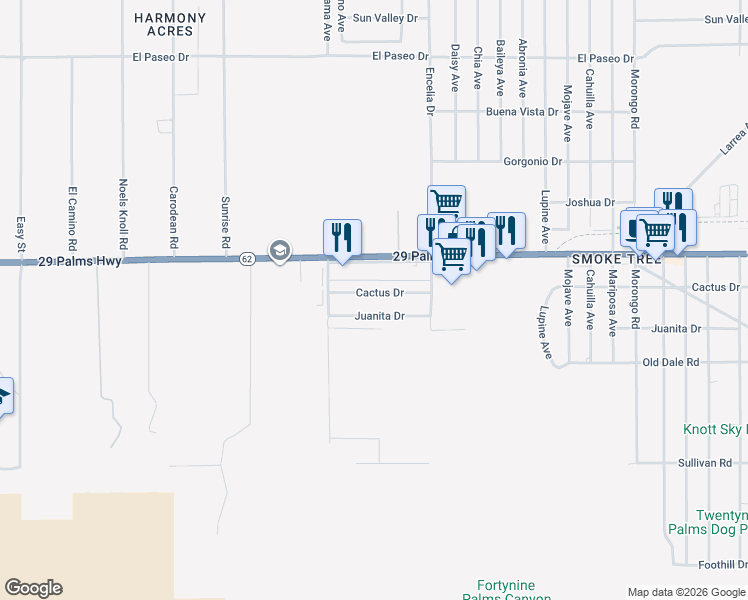 map of restaurants, bars, coffee shops, grocery stores, and more near 71621 Cactus Drive in Twentynine Palms