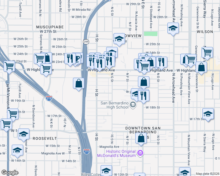 map of restaurants, bars, coffee shops, grocery stores, and more near 1982 North G Street in San Bernardino