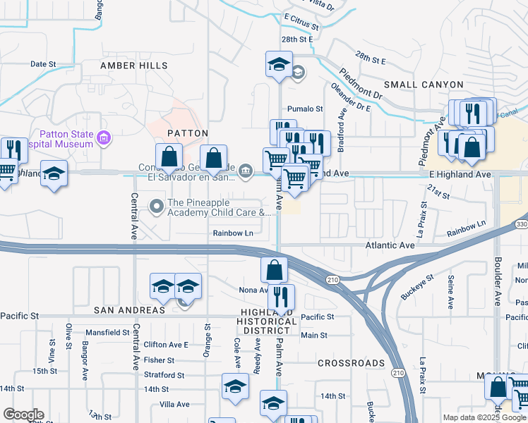 map of restaurants, bars, coffee shops, grocery stores, and more near 3568 20th Street in Highland