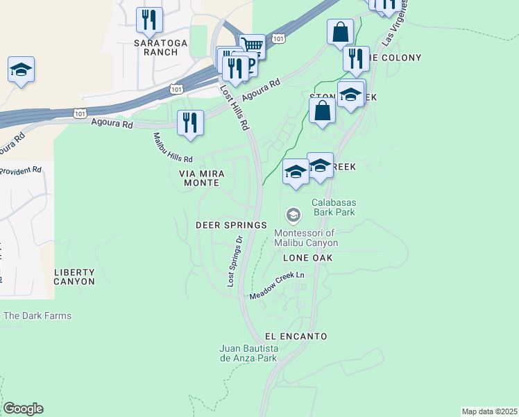 map of restaurants, bars, coffee shops, grocery stores, and more near Lost Hills Road & Cold Springs Street in Calabasas