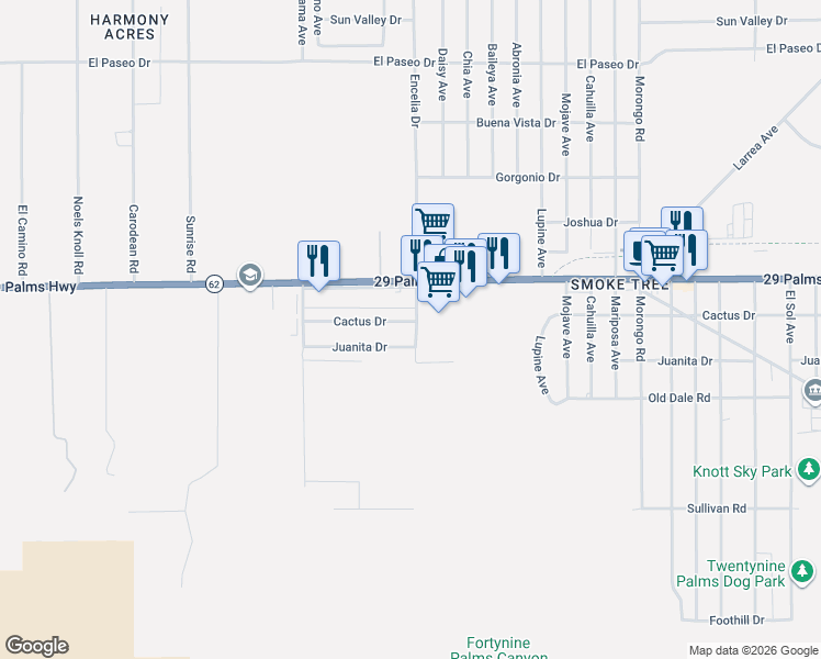map of restaurants, bars, coffee shops, grocery stores, and more near 71689 Cactus Drive in Twentynine Palms