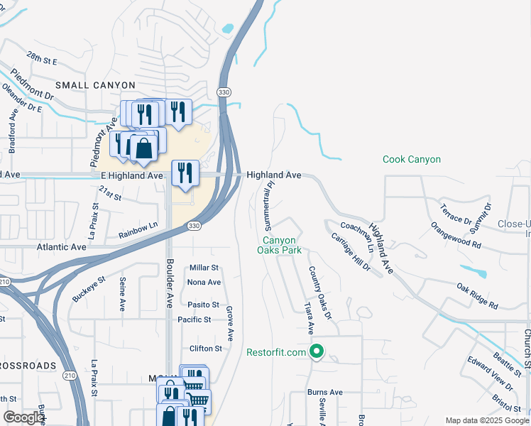 map of restaurants, bars, coffee shops, grocery stores, and more near Summertrail Place in Highland