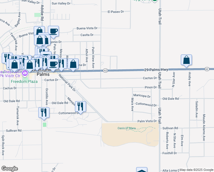 map of restaurants, bars, coffee shops, grocery stores, and more near 74144 Pinon Drive in Twentynine Palms