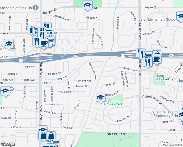 map of restaurants, bars, coffee shops, grocery stores, and more near 6619 Ventura Place in Rancho Cucamonga