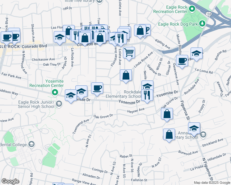 map of restaurants, bars, coffee shops, grocery stores, and more near 1517 Fair Park Avenue in Los Angeles