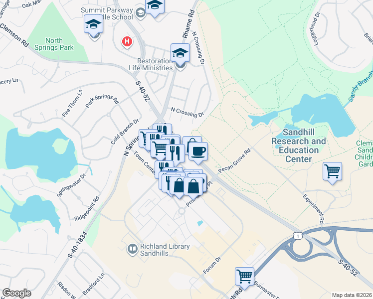 map of restaurants, bars, coffee shops, grocery stores, and more near Clemson Road in Columbia