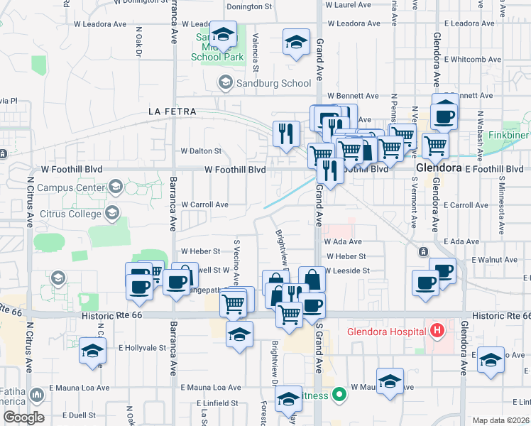 map of restaurants, bars, coffee shops, grocery stores, and more near 665 West Lochleven Street in Glendora