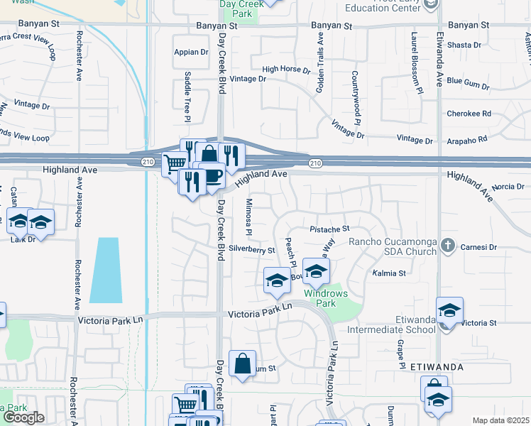 map of restaurants, bars, coffee shops, grocery stores, and more near 12375 Dove Tree Dr in Rancho Cucamonga