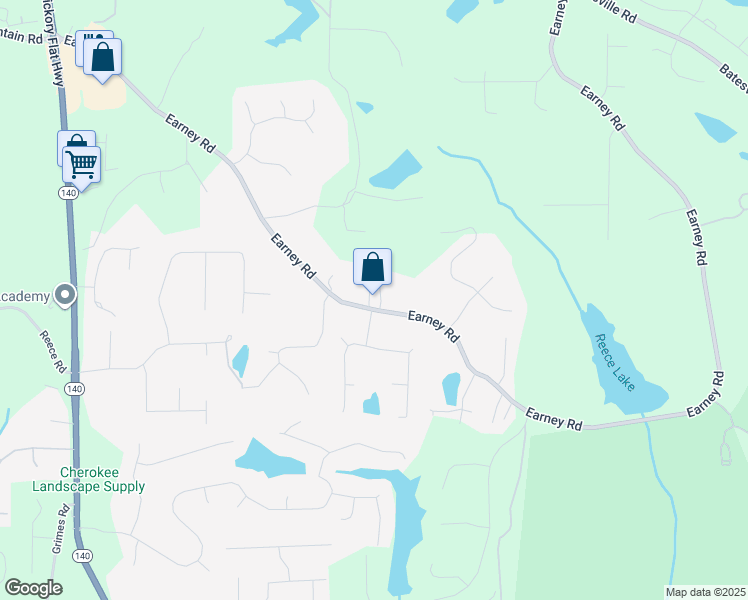 map of restaurants, bars, coffee shops, grocery stores, and more near 4256 Earney Road in Woodstock