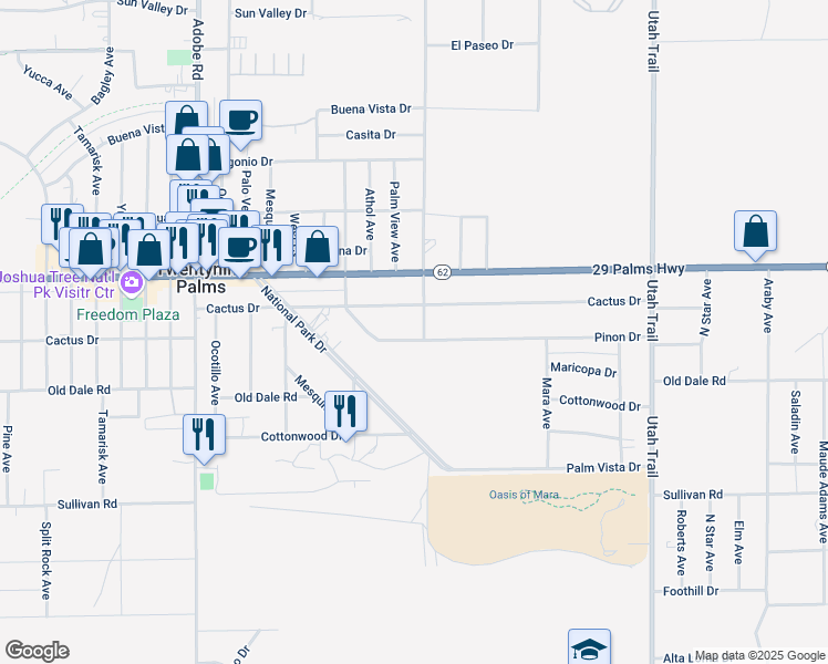 map of restaurants, bars, coffee shops, grocery stores, and more near 74084 Pinon Drive in Twentynine Palms