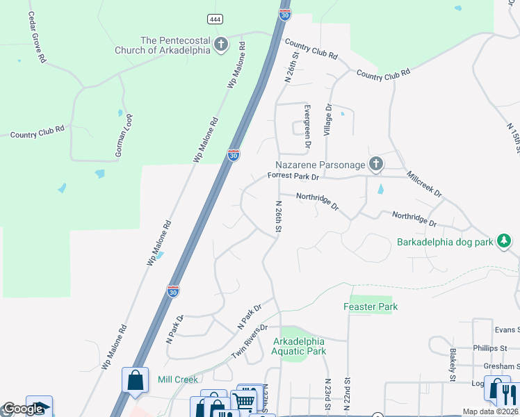 map of restaurants, bars, coffee shops, grocery stores, and more near 5 Montclair Circle in Arkadelphia